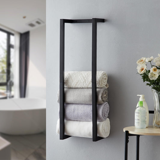 Towel Rack for Rolled Towels Towel Rack for BathroomWall Mounted Metal Bathroom Organizer Bath Towel Holder Wall for Modern Small Space Bathroom Towel Storage (Black)
