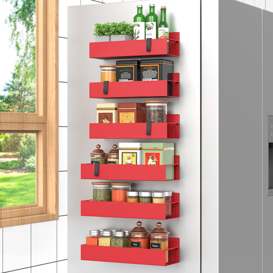 Hleelomi 6-Piece Extra-Large Capacity Magnetic Spice Rack for Refrigerator Red