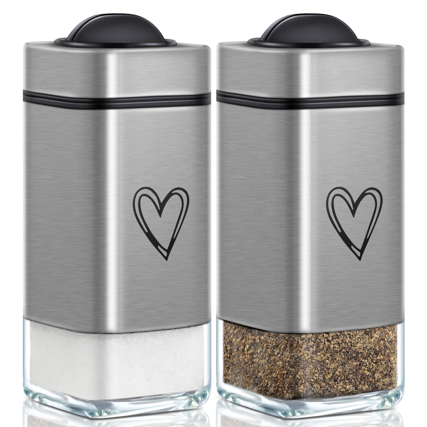 Salt and Pepper Shakers Set – Stainless Steel & Glass Moisture-Proof with Lids Modern Cute Heart Pattern Design Dispenser for Kitchen Gadgets Cooking Table RV Camp BBQ (Silver)