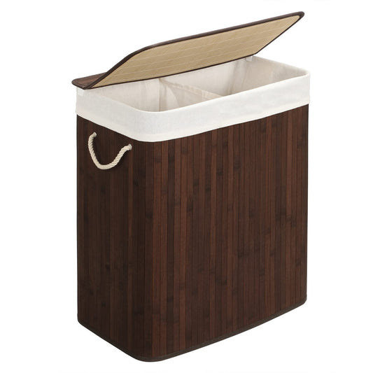 SONGMICS Laundry Hamper 21.99 Gallons (100L) 2-Section Laundry Basket Laundry Hamper with Lid Bamboo Foldable Removable and Machine Washable Liner for Laundry Room Bedroom Brown ULCB72Z