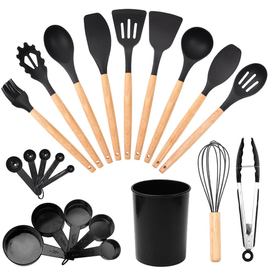 Silicone Cooking Utensils Set 22 PCS Kitchen Utensils Set 446℉ Heat Resistant Non-Stick Silicone Cooking Kitchen Utensils with Wooden Handle Kitchen Gadgets Tools Set for Nonstick Cookware