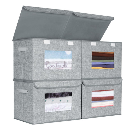 Univivi Fabric Foldable Storage Boxes [4-Pack] Large Collapsible Stackable Storage Bins with Lids Closet Organizers and Storage Cube Basket for Home Office Bedroom (Grey 17 x 12 x 12")